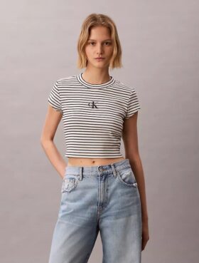 Baby-T-Shirt mit Monogram-Streifen und Rippstrick