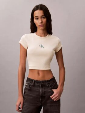 Baby-T-Shirt mit Monogram-Streifen und Rippstrick