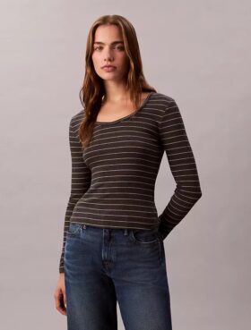 Baumwoll-T-Shirt mit U-Ausschnitt und Konturripp