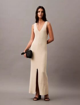 Bouclé-Rippen-Midi-Kleid ohne Ärmel