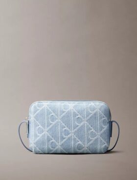 Denim-Kameratasche mit durchgehendem Emblem-Logo Denim-Kameratasche mit durchgehendem Emblem-Logo