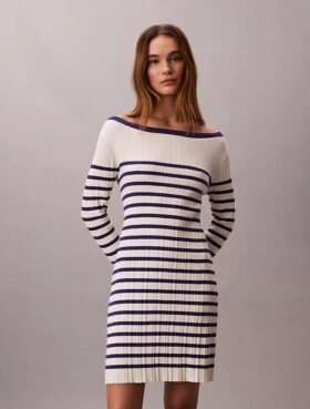 Gestreiftes, langärmeliges Minikleid mit Rippmuster