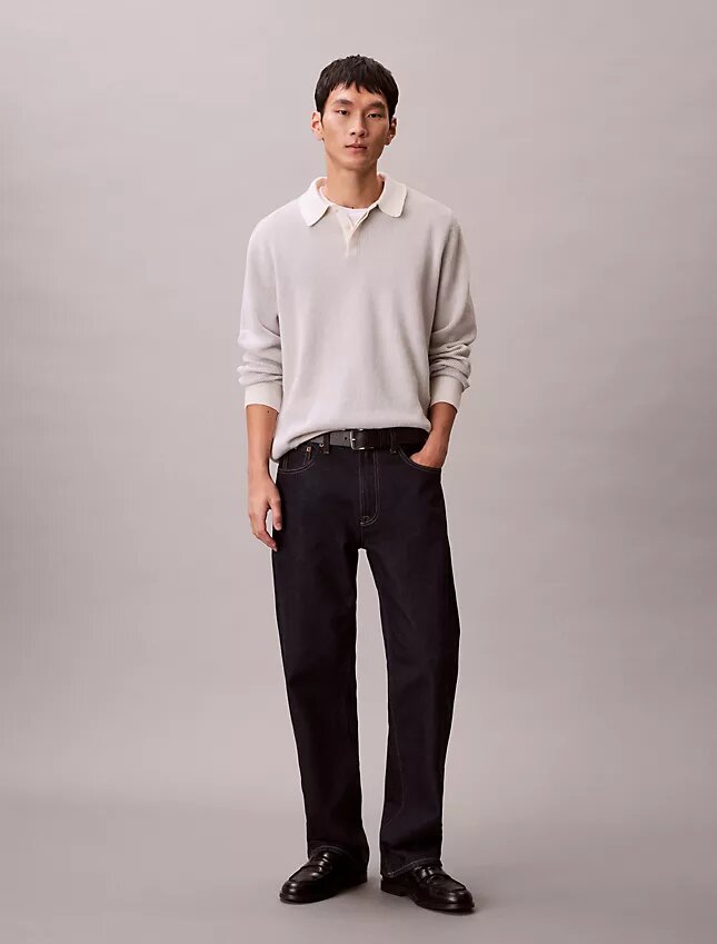 Glatter Polo-Pullover aus Baumwolle mit Waffelmuster Glatter Polo-Pullover aus Baumwolle mit Waffelmuster