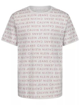 Jungen-T-Shirt mit Rundhalsausschnitt und Allover-Schriftzug