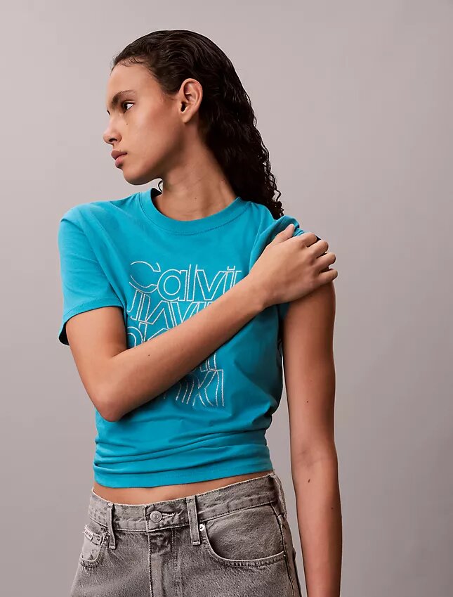 Klassisches T-Shirt mit Glitzer-Logo Klassisches T-Shirt mit Glitzer-Logo