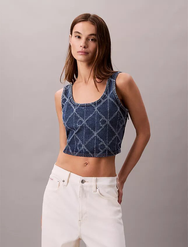 Kropptes Tanktop aus Denim mit durchgehendem Monogram Kropptes Tanktop aus Denim mit durchgehendem Monogram