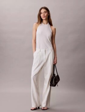 Maßgeschneiderte Hose mit weitem Bein aus Leinenmischung