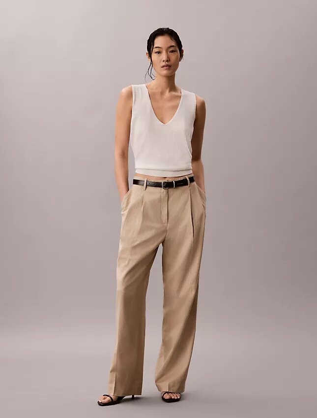 Maßgeschneiderte Hose mit weitem Bein aus Leinenmischung Maßgeschneiderte Hose mit weitem Bein aus Leinenmischung