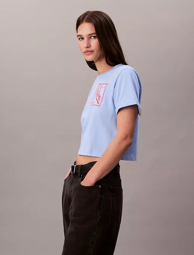 T-Shirt mit Schriftzug-Logo, kurz geschnitten und kastenförmig T-Shirt mit Schriftzug-Logo, kurz geschnitten und kastenförmig