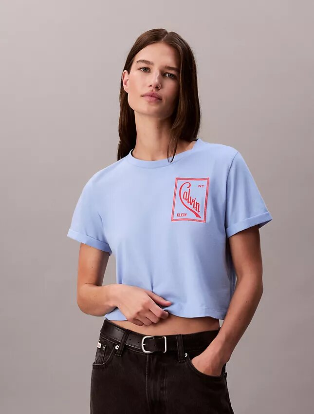 T-Shirt mit Schriftzug-Logo, kurz geschnitten und kastenförmig T-Shirt mit Schriftzug-Logo, kurz geschnitten und kastenförmig