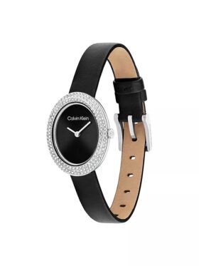 Uhr mit konturierter Lünette, ovalem Zifferblatt und Lederarmband Uhr mit konturierter Lünette, ovalem Zifferblatt und Lederarmband